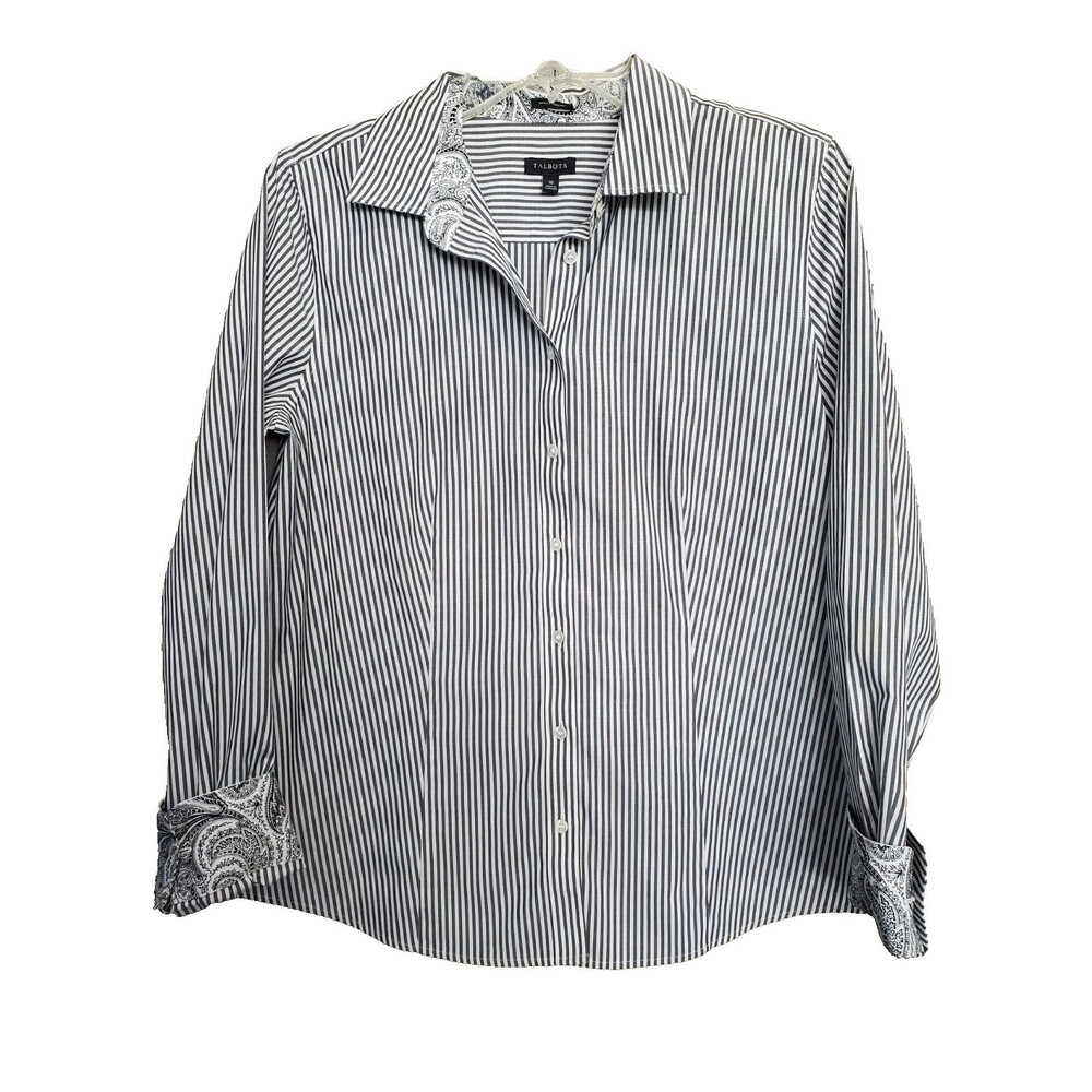 Talbots Wrinkle Resistant Gray Striped Flip-Cuff Button-Up Shirt Size 10